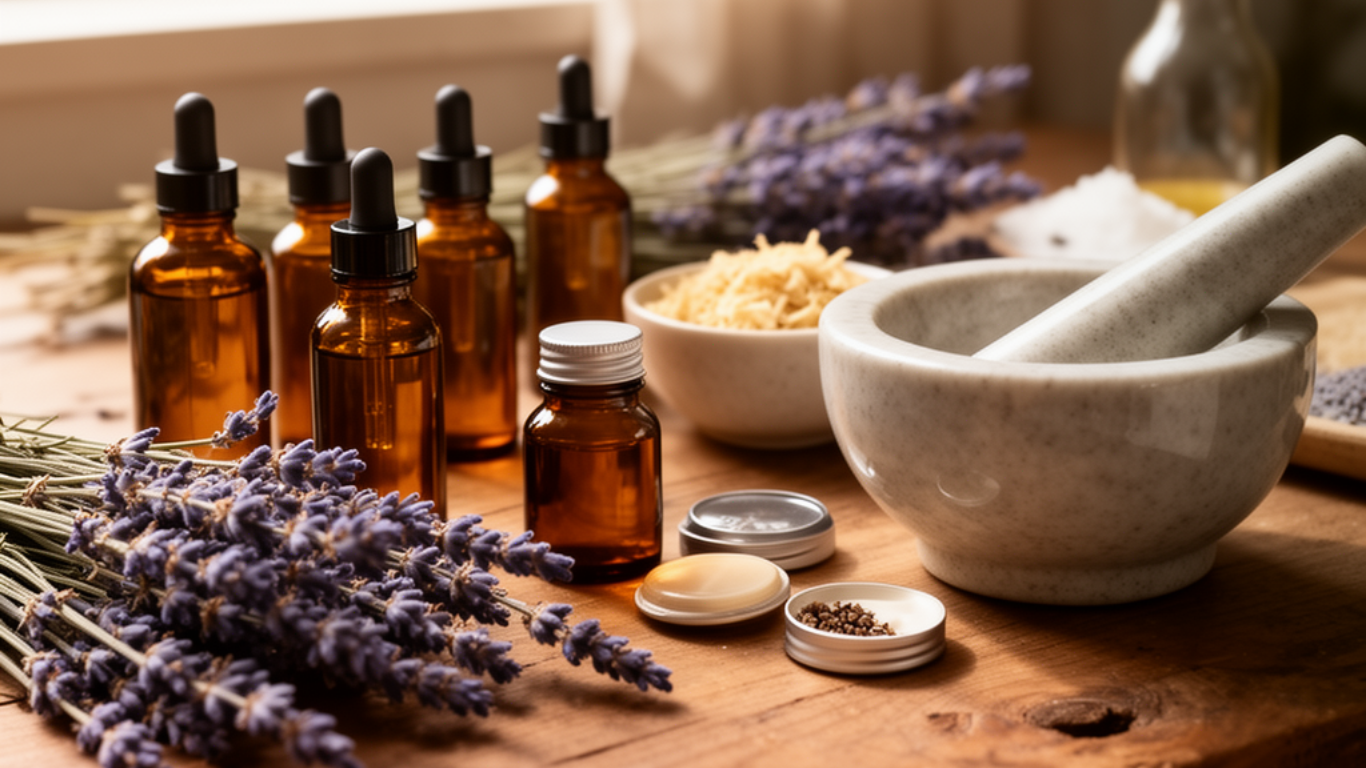 Wellness products including amber dropper bottles, lavender and a marble mortar and pestle